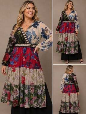 Kaktus Floral Patchwork Tiered Long Sleeve Maxi Dress
M-83